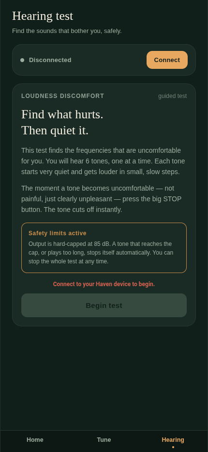 Haven app loudness discomfort hearing test