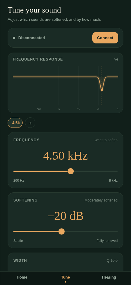 Haven app tune screen with live frequency response